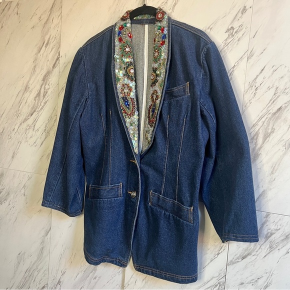 Vintage IB Diffusion 90s Beaded Denim Jacket SZ 8 - Picture 2 of 5